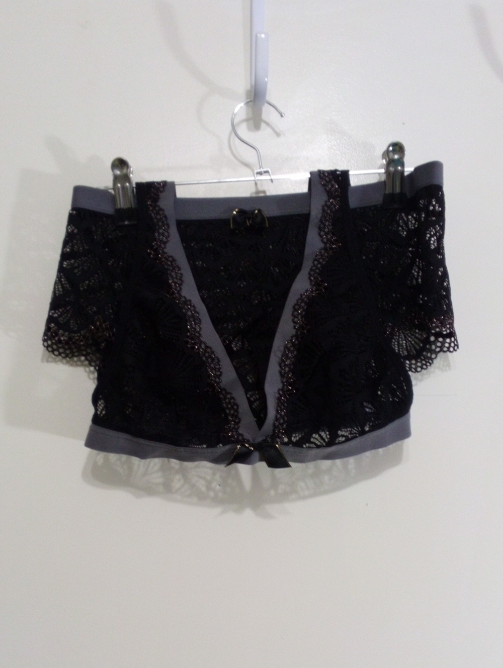 Adore Me Black Lace Off-Shoulder Bralette with Gray Trim